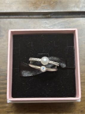 Authentic Pandora Treated Freshwater Cultured Pearl & Paved Double Band Ring.